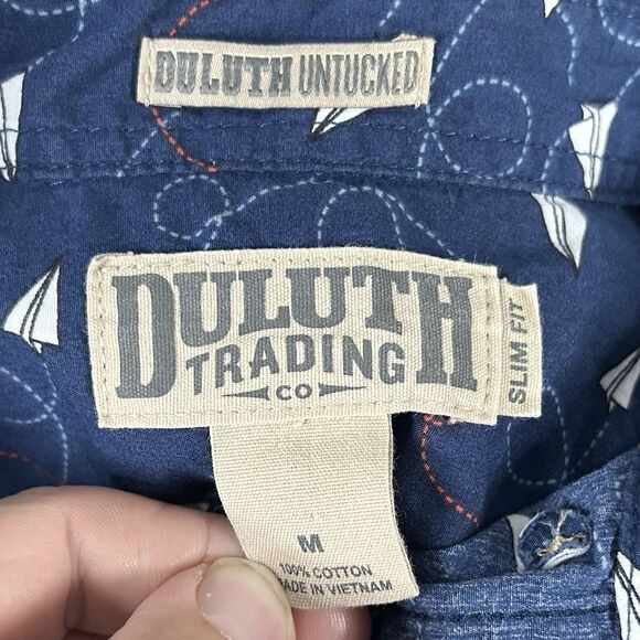Duluth Trading Co Medium Slim Untucked Shirt Paper Airplane Print Blue Cotton - Picture 3 of 4
